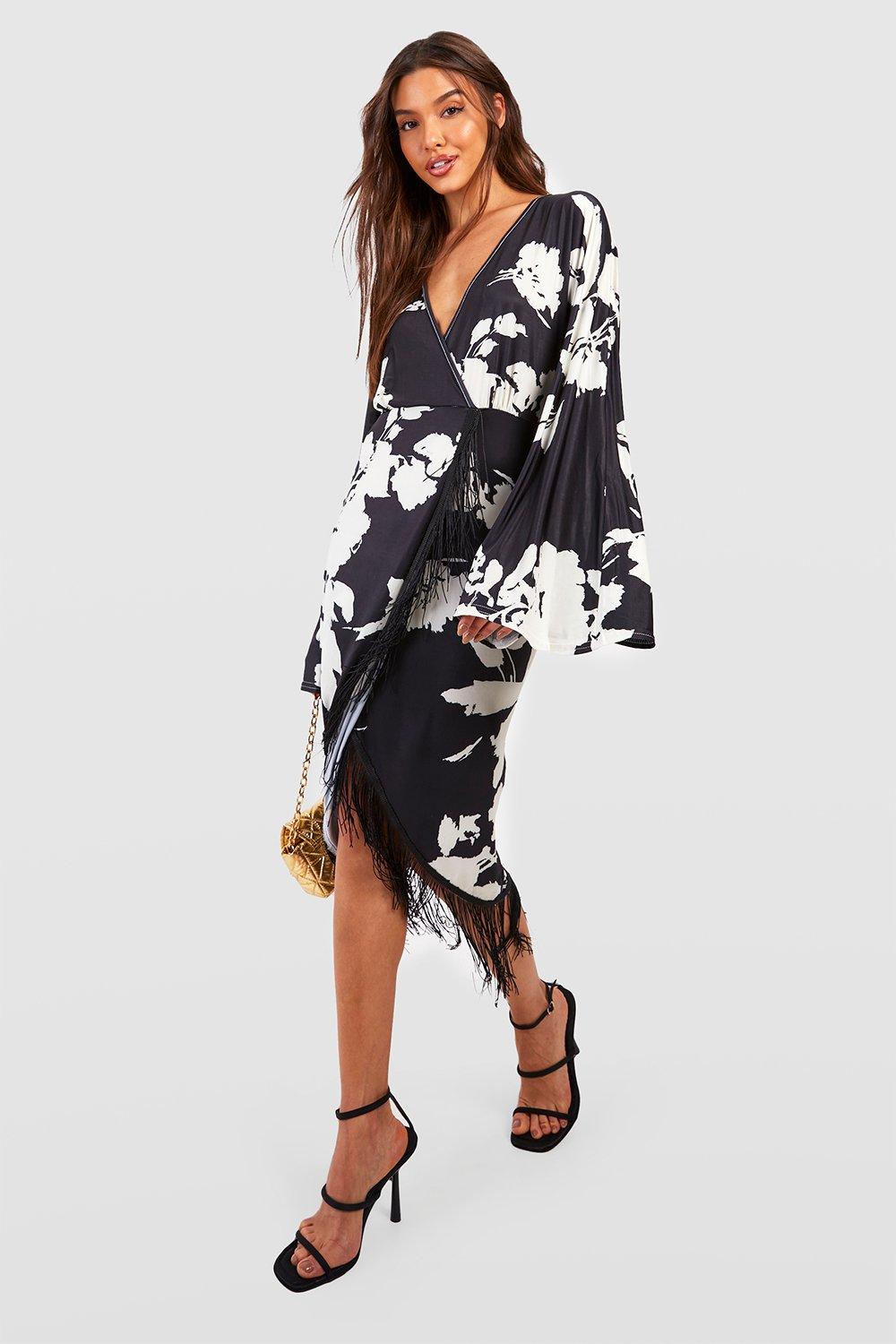 Boohoo Black Floral Print Tassel Hem Wrap Womens Midi Dress