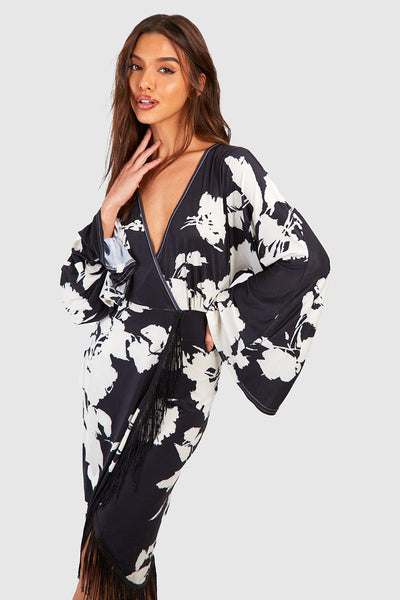 Boohoo Black Floral Print Tassel Hem Wrap Womens Midi Dress