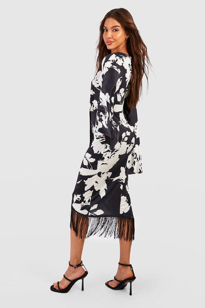 Boohoo Black Floral Print Tassel Hem Wrap Womens Midi Dress