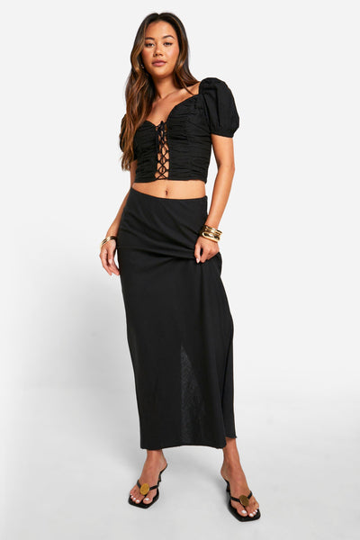 Boohoo Black Lace-up Linen Look Corset Womens Top