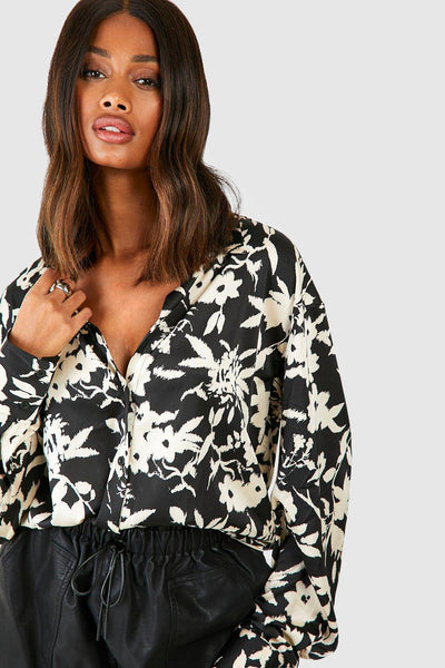 Boohoo Black Monochrome Floral Printed Womens Shirt