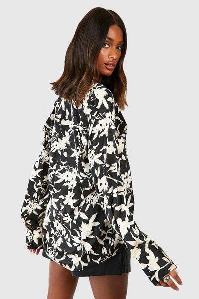 Boohoo Black Monochrome Floral Printed Womens Shirt