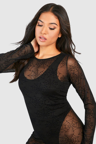 Boohoo Petite Black Cobweb Flocked Mesh Womens Catsuit