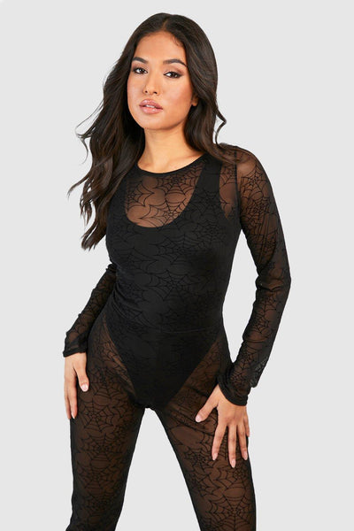 Boohoo Petite Black Cobweb Flocked Mesh Womens Catsuit