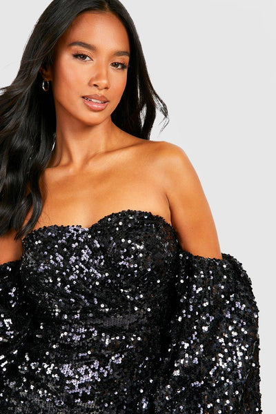 Boohoo Black Petite Sequin Volume Puff Sleeve Womens Mini Dress
