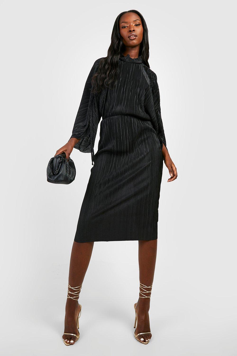 Boohoo Black Plisse High Neck Rouched Sleeve Midi Womens Dress