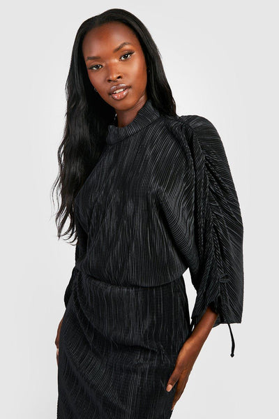 Boohoo Black Plisse High Neck Rouched Sleeve Midi Womens Dress