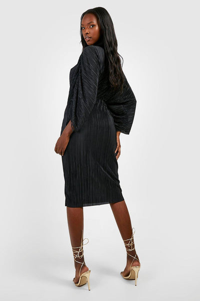 Boohoo Black Plisse High Neck Rouched Sleeve Midi Womens Dress