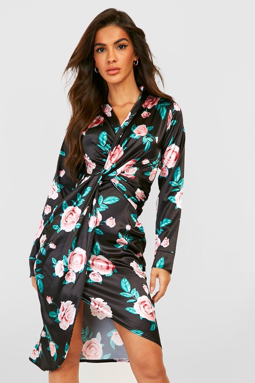 Boohoo Black Rose Print Twist Front Womens Midi Dress