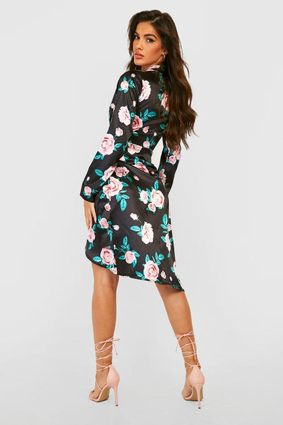 Boohoo Black Rose Print Twist Front Womens Midi Dress