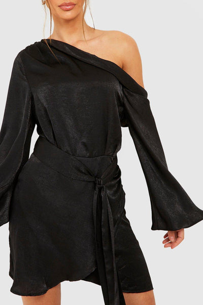 Boohoo Black Satin Draped One Shoulder Womens Mini Dress