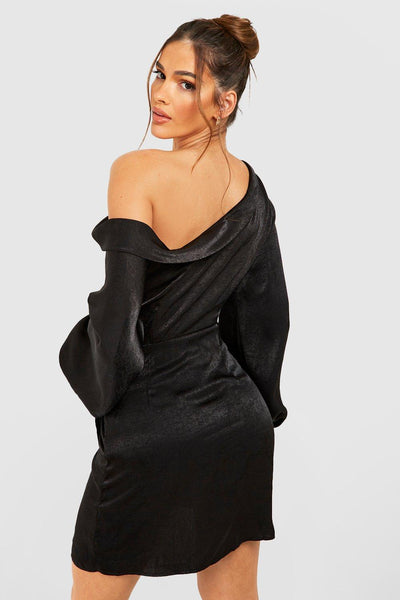 Boohoo Black Satin Draped One Shoulder Womens Mini Dress