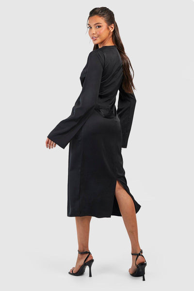 Boohoo Black Satin Lace Up Midi Women Dress