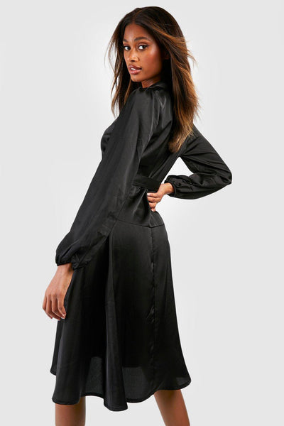 Boohoo Black Satin Wrap Detail Midi Skater Womens Dress