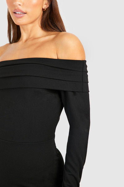 Boohoo Black Tall Crepe Ruched Bardot Womens Mini Dress
