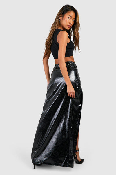 Boohoo Black Textured Vinyl Knotted Split Womens Maxi Skirt