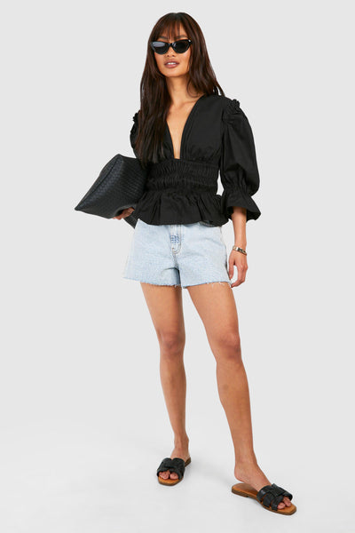 Boohoo Volume Sleeve Tie Back Cotton Poplin Womens Top