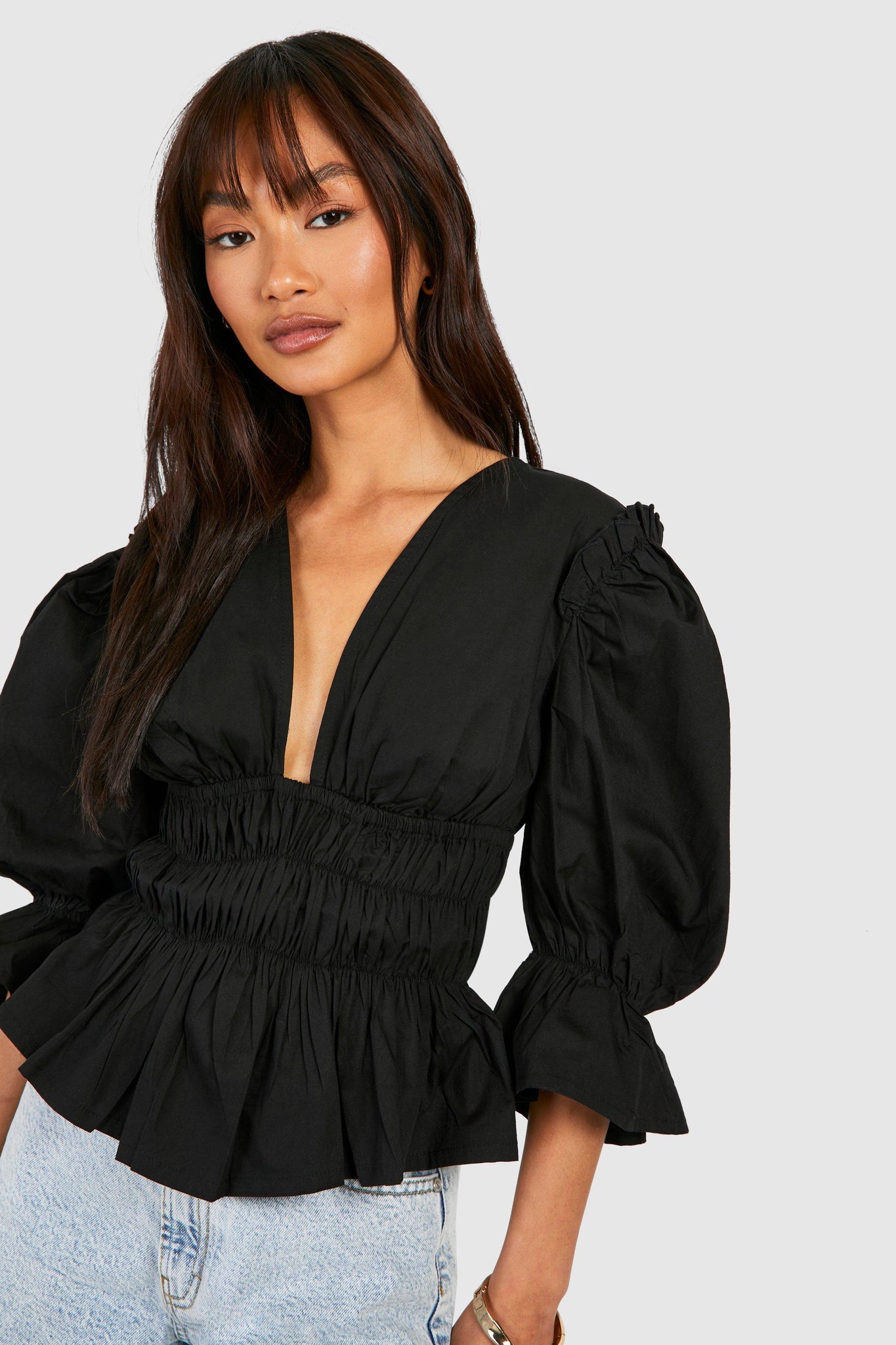 Boohoo Volume Sleeve Tie Back Cotton Poplin Womens Top