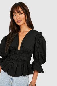 Boohoo Volume Sleeve Tie Back Cotton Poplin Womens Top