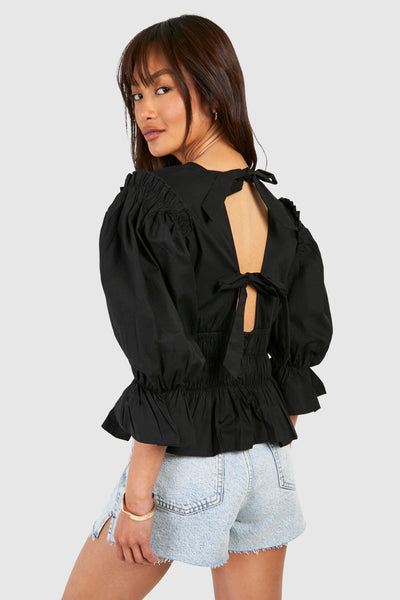 Boohoo Volume Sleeve Tie Back Cotton Poplin Womens Top