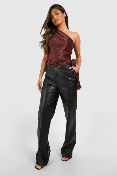 Boohoo Chocolate Plisse One Shoulder Tie Detail Womens Top