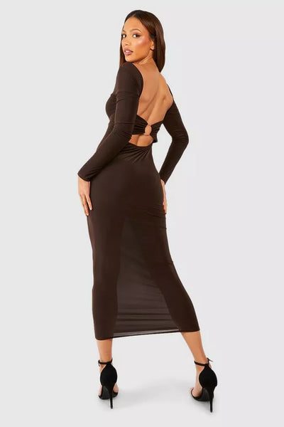 Boohoo Chocolate Brown Tall O Ring Detail Open Back Midaxi Womens Dress