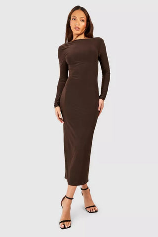 Boohoo Chocolate Brown Tall O Ring Detail Open Back Midaxi Womens Dress