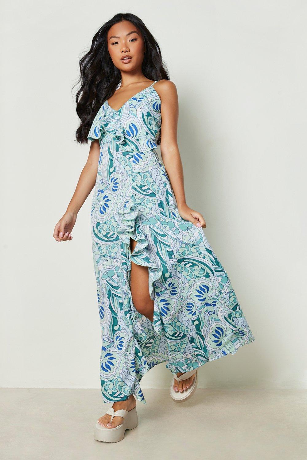 Boohoo Petite Green Paisley Ruffle Wrap Womens Maxi Dress