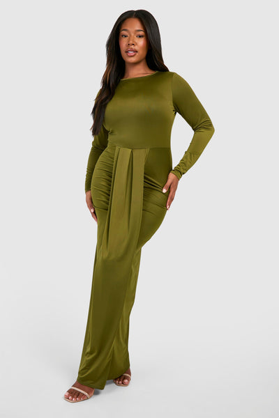 Boohoo Khaki Plus Ruched Waist Slinky Maxi Womens Dress