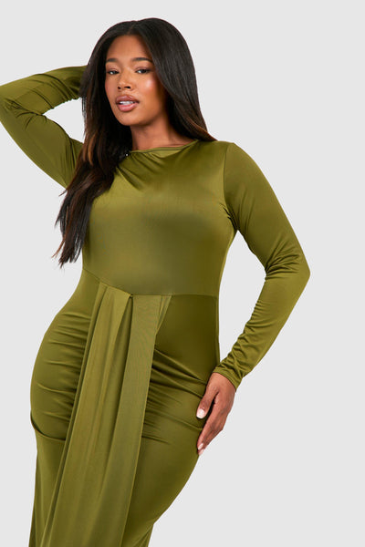 Boohoo Khaki Plus Ruched Waist Slinky Maxi Womens Dress