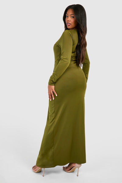 Boohoo Khaki Plus Ruched Waist Slinky Maxi Womens Dress