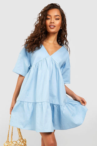 Boohoo Light Blue Plunge Chambray Smock Womens Dress