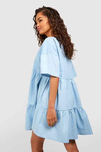 Boohoo Light Blue Plunge Chambray Smock Womens Dress
