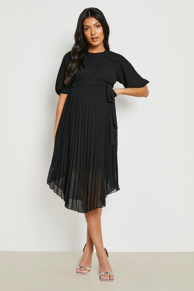 Boohoo Black Maternity Tie Waist Pleated Puff Sleeve Midi Womens Dress