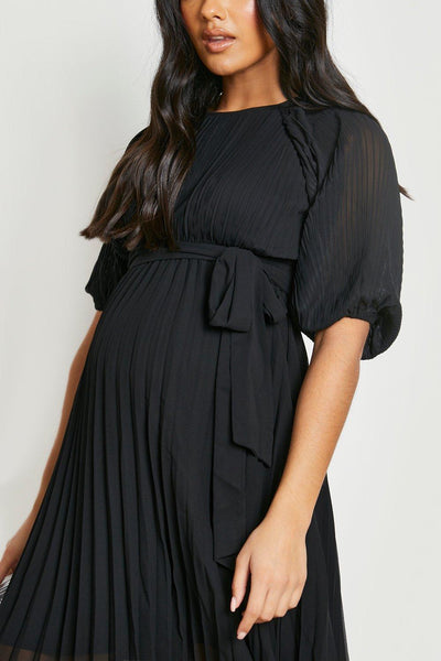 Boohoo Black Maternity Tie Waist Pleated Puff Sleeve Midi Womens Dress
