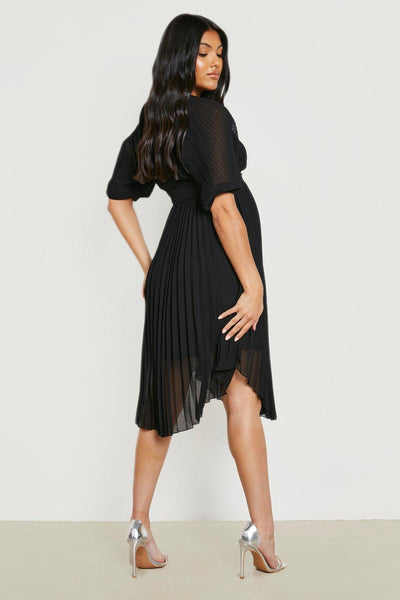 Boohoo Black Maternity Tie Waist Pleated Puff Sleeve Midi Womens Dress