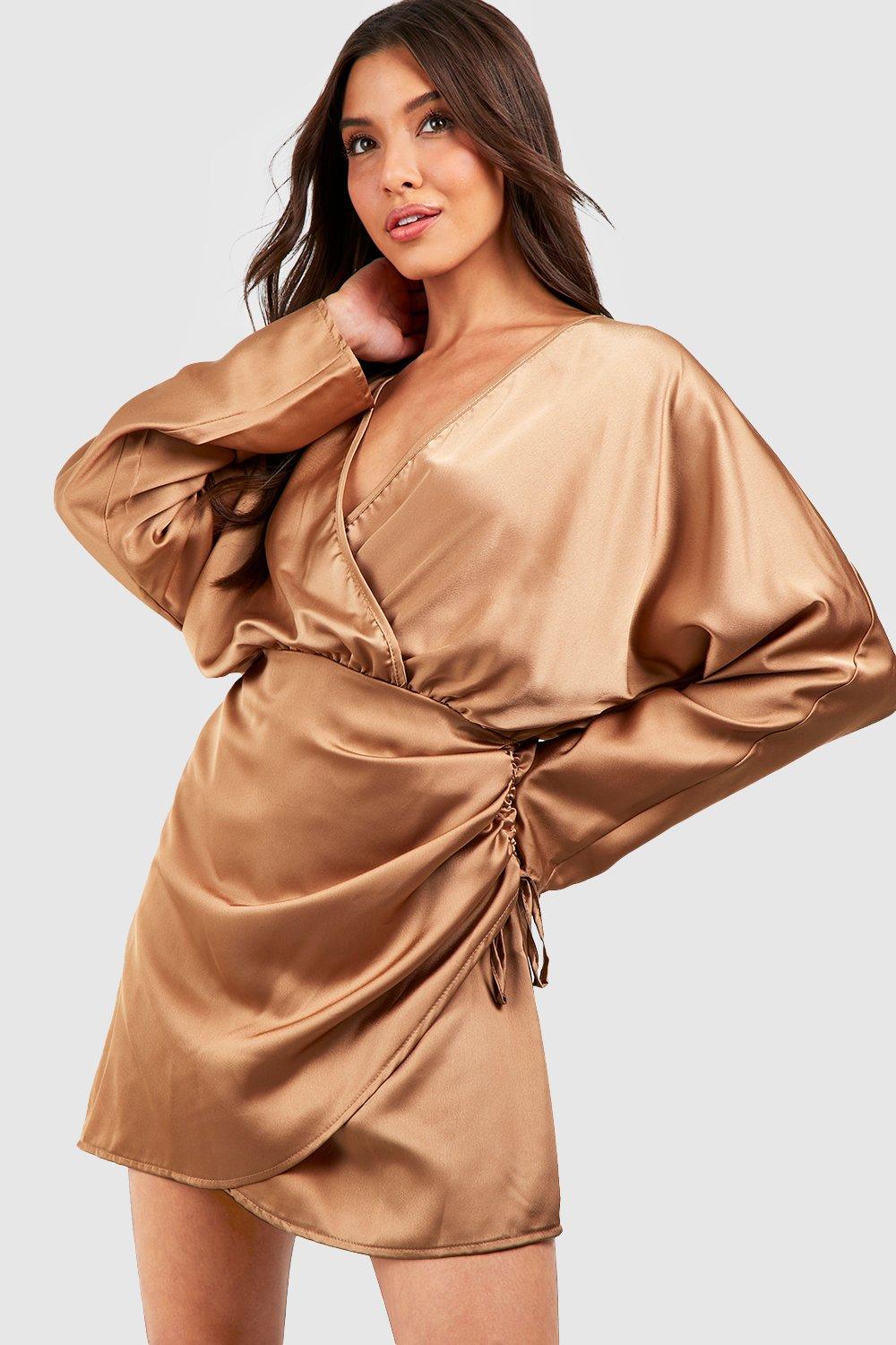 Boohoo Mocha Plain Wrap Tie Womens Mini Dress