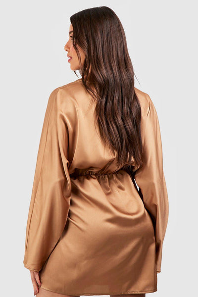 Boohoo Mocha Plain Wrap Tie Womens Mini Dress