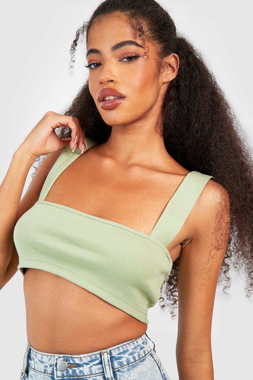 Boohoo Olive Basic Rib Square Neck Womens Vest