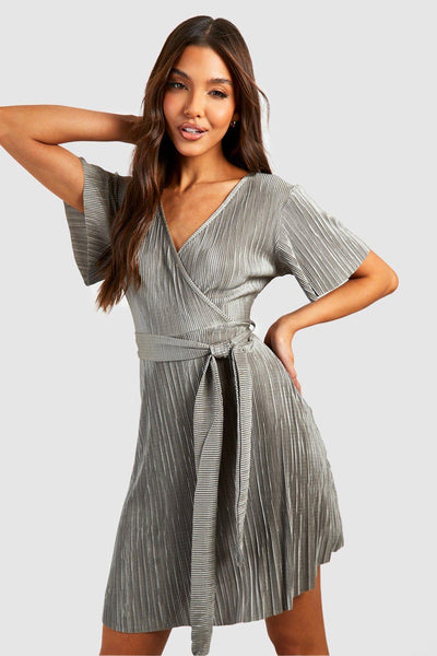 Boohoo Olive Wrap Plisse Tie Waist Womens Mini Dress