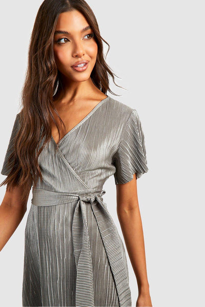 Boohoo Olive Wrap Plisse Tie Waist Womens Mini Dress