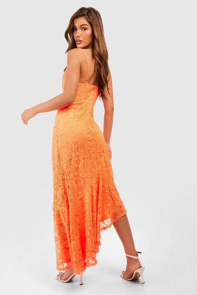 Boohoo Orange Lace Asymmetric Cowl Maxi Womens Dress
