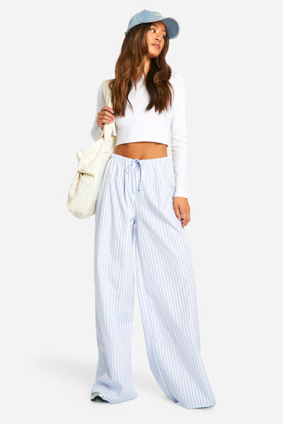 Boohoo Pale Blue Tall Contrast Stripe Drawcord Waist Wide Leg Womens Trouser