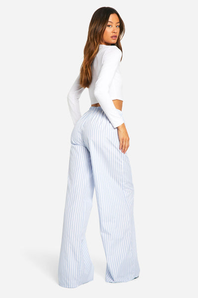 Boohoo Pale Blue Tall Contrast Stripe Drawcord Waist Wide Leg Womens Trouser