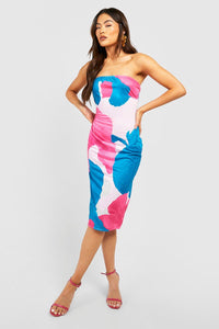 Boohoo Pink & Blue Abstract Bandeau Midi Womens Dress