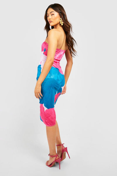 Boohoo Pink & Blue Abstract Bandeau Midi Womens Dress