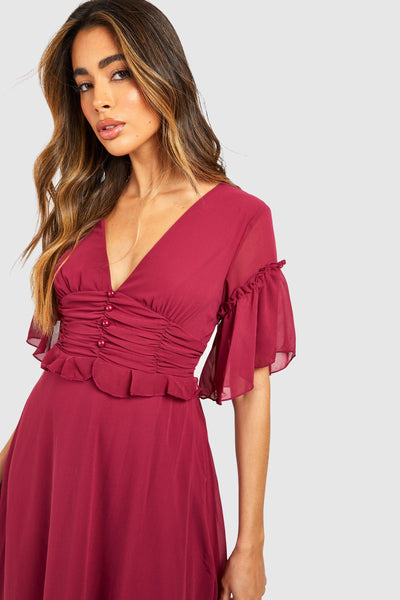 Boohoo Berry Pleated Ruffle Detail Midi Smock Womens Dress