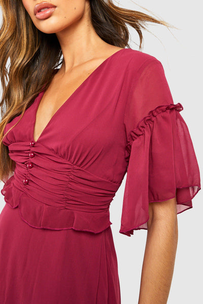 Boohoo Berry Pleated Ruffle Detail Midi Smock Womens Dress