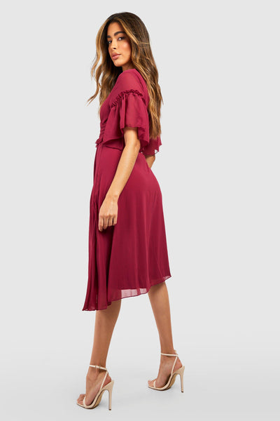 Boohoo Berry Pleated Ruffle Detail Midi Smock Womens Dress
