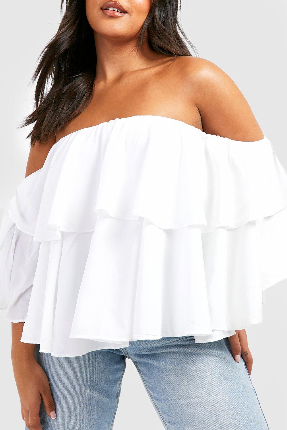 Boohoo White Plus Off The Shoulder Ruffle Peplum Womens Top